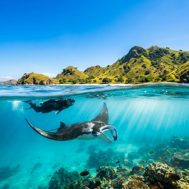 Penyelam berenang bersama pari manta di perairan jernih Taman Nasional Komodo