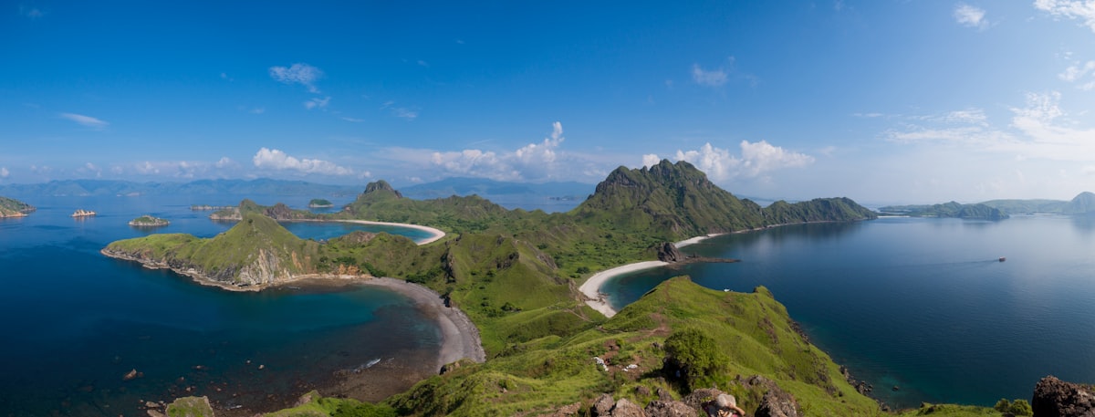 Padar Island panoramic view of three bays from summit, Komodo National Park